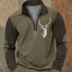 New OUKU Men's Hunting Deer Sweatshirts Quarter Zip Sweatshirt Long Sleeve Sweatshirt Zip Vintage Retro Western Cowboy 3D Printing Climbing Hunting Winter Spring & Fall