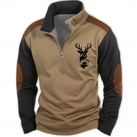 Hot OUKU Men's Hunting Deer Sweatshirts Quarter Zip Sweatshirt Long Sleeve Sweatshirt Half Zip Vintage Retro Western Cowboy 3D Printing Hunting Half Zip Winter Spring & Fall Brown