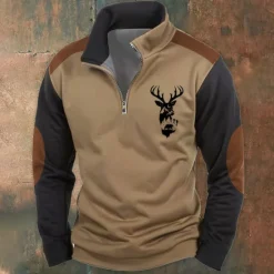 Hot OUKU Men's Hunting Deer Sweatshirts Quarter Zip Sweatshirt Long Sleeve Sweatshirt Half Zip Vintage Retro Western Cowboy 3D Printing Hunting Half Zip Winter Spring & Fall Brown