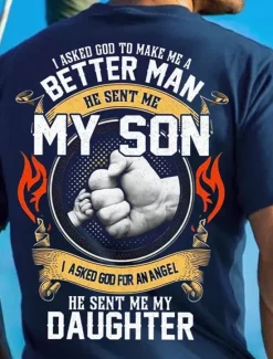Hot OUKU Men's I Asked God To Make Me A Better Man He Sent Me My Son Graphic T Shirt Family Gifts Tee Short Sleeves Graphic Shirt Black Red Navy Blue Fashion Designer Clothing