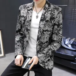 Outlet OUKU Men's Jacket Blazer Party Ceremony Print Fall Print Party Elegant Shawl Collar Thin Regular Slim Black White Jacket