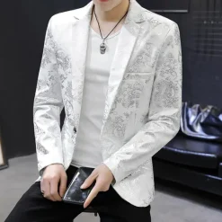 Outlet OUKU Men's Jacket Blazer Party Ceremony Print Fall Print Party Elegant Shawl Collar Thin Regular Slim Black White Jacket