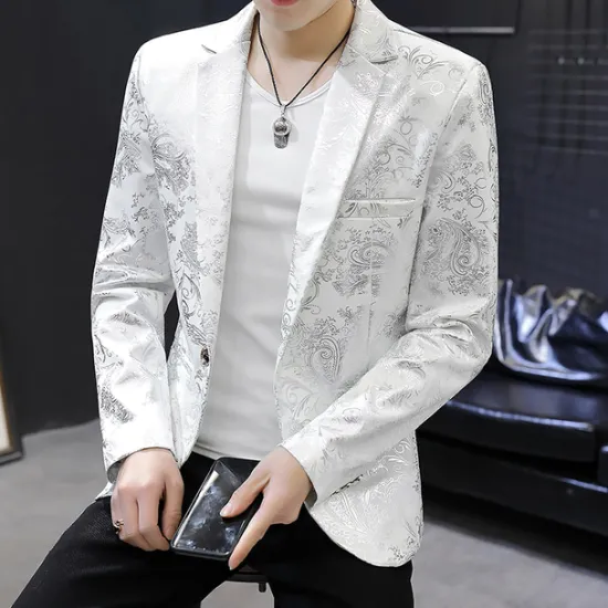 Outlet OUKU Men's Jacket Blazer Party Ceremony Print Fall Print Party Elegant Shawl Collar Thin Regular Slim Black White Jacket
