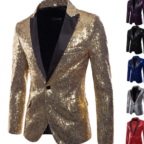 Hot OUKU Men's Jacket Blazer Wedding Party / Evening Reflective Glitter Sequin Spring Fall Sequin Party Shawl Collar Regular Regular Regular Fit Black Silver Red Blue Purple Jacket
