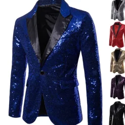 Hot OUKU Men's Jacket Blazer Wedding Party / Evening Reflective Glitter Sequin Spring Fall Sequin Party Shawl Collar Regular Regular Regular Fit Black Silver Red Blue Purple Jacket