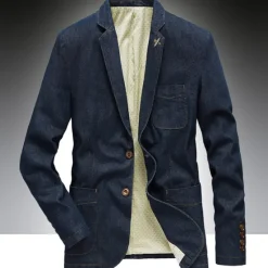 Sale OUKU Men's Jacket Denim Jacket Jean Jacket Blazer Business Cocktail Attire Solid Colored V Neck Cotton Regular Fit Denim Blue Vintage blue Black Jacket