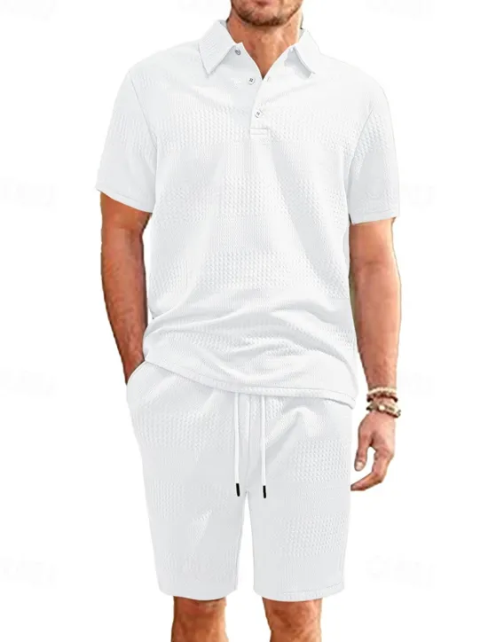 Sale OUKU Men's Jacquard Tracksuit Polo Shirt & Shorts Set Outfit Set Lapel Outdoor Daily Sports Pocket Drawstring 2 Piece Plain Black White Navy Blue Polyester Activewear Classic Casual Summer
