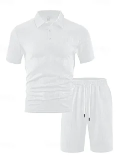 Sale OUKU Men's Jacquard Tracksuit Polo Shirt & Shorts Set Outfit Set Lapel Outdoor Daily Sports Pocket Drawstring 2 Piece Plain Black White Navy Blue Polyester Activewear Classic Casual Summer