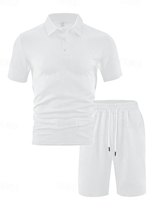 Sale OUKU Men's Jacquard Tracksuit Polo Shirt & Shorts Set Outfit Set Lapel Outdoor Daily Sports Pocket Drawstring 2 Piece Plain Black White Navy Blue Polyester Activewear Classic Casual Summer