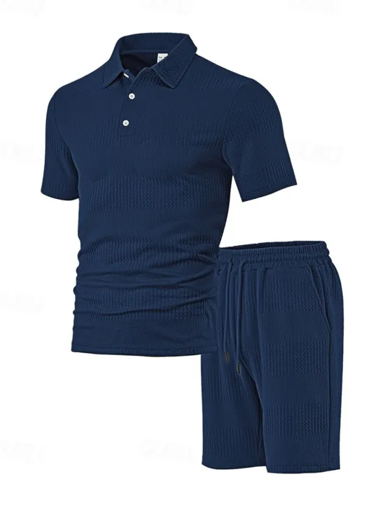 Sale OUKU Men's Jacquard Tracksuit Polo Shirt & Shorts Set Outfit Set Lapel Outdoor Daily Sports Pocket Drawstring 2 Piece Plain Black White Navy Blue Polyester Activewear Classic Casual Summer