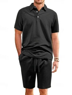 Sale OUKU Men's Jacquard Tracksuit Polo Shirt & Shorts Set Outfit Set Lapel Outdoor Daily Sports Pocket Drawstring 2 Piece Plain Black White Navy Blue Polyester Activewear Classic Casual Summer