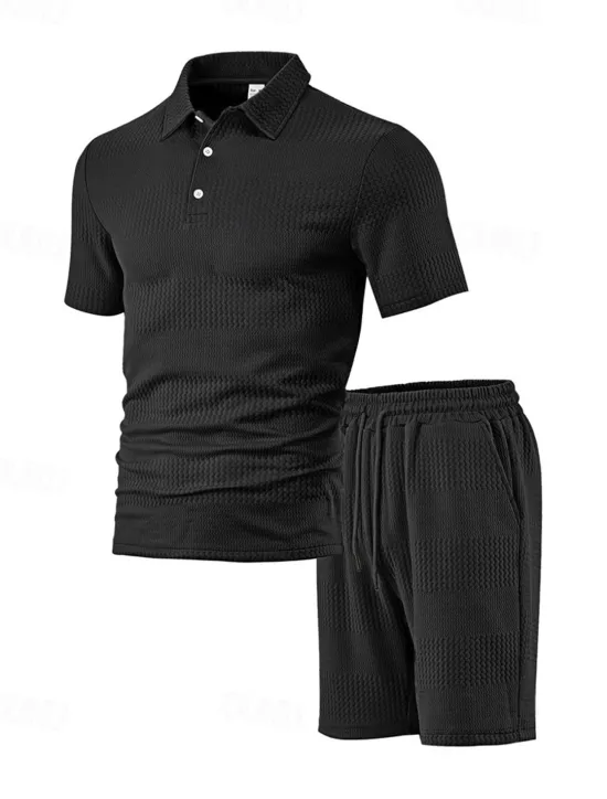 Sale OUKU Men's Jacquard Tracksuit Polo Shirt & Shorts Set Outfit Set Lapel Outdoor Daily Sports Pocket Drawstring 2 Piece Plain Black White Navy Blue Polyester Activewear Classic Casual Summer