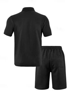 Sale OUKU Men's Jacquard Tracksuit Polo Shirt & Shorts Set Outfit Set Lapel Outdoor Daily Sports Pocket Drawstring 2 Piece Plain Black White Navy Blue Polyester Activewear Classic Casual Summer
