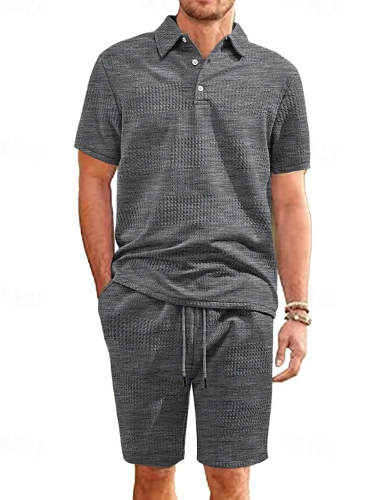 Sale OUKU Men's Jacquard Tracksuit Polo Shirt & Shorts Set Outfit Set Lapel Outdoor Daily Sports Pocket Drawstring 2 Piece Plain Black White Navy Blue Polyester Activewear Classic Casual Summer