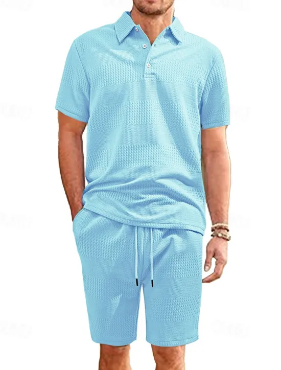 Sale OUKU Men's Jacquard Tracksuit Polo Shirt & Shorts Set Outfit Set Lapel Outdoor Daily Sports Pocket Drawstring 2 Piece Plain Black White Navy Blue Polyester Activewear Classic Casual Summer