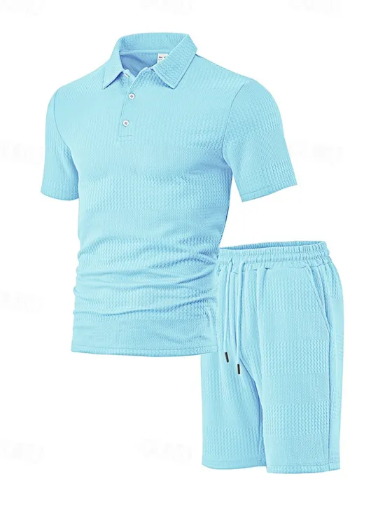 Sale OUKU Men's Jacquard Tracksuit Polo Shirt & Shorts Set Outfit Set Lapel Outdoor Daily Sports Pocket Drawstring 2 Piece Plain Black White Navy Blue Polyester Activewear Classic Casual Summer