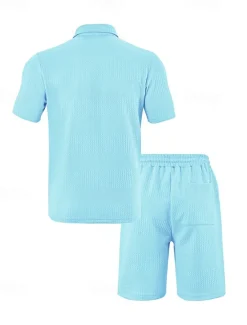Sale OUKU Men's Jacquard Tracksuit Polo Shirt & Shorts Set Outfit Set Lapel Outdoor Daily Sports Pocket Drawstring 2 Piece Plain Black White Navy Blue Polyester Activewear Classic Casual Summer