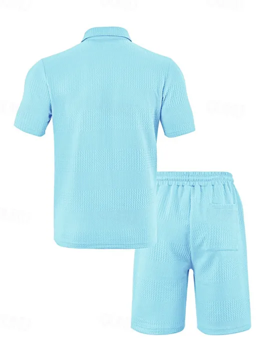 Sale OUKU Men's Jacquard Tracksuit Polo Shirt & Shorts Set Outfit Set Lapel Outdoor Daily Sports Pocket Drawstring 2 Piece Plain Black White Navy Blue Polyester Activewear Classic Casual Summer