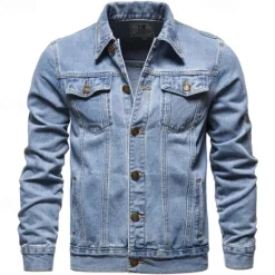Online OUKU Men's Jean Jacket Denim Jacket Casual Daily Windbreaker Classic Style Denim Spring & Fall Fall & Winter Solid / Plain Color Casual Lapel Regular Black Dark Blue Light Blue Jacket