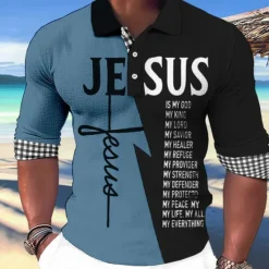 OUKU Men's Jesus Christian Hawaiian Polo Shirts Golf Shirt Long Sleeve Polo Shirts Collared Shirts Casual Beach Wear Vacation Wear Party Outfits Buttons 3D Print White Light Green Blue