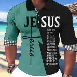 OUKU Men's Jesus Christian Hawaiian Polo Shirts Golf Shirt Long Sleeve Polo Shirts Collared Shirts Casual Beach Wear Vacation Wear Party Outfits Buttons 3D Print White Light Green Blue
