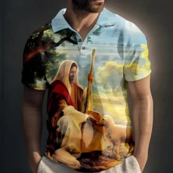 Outlet OUKU Men's Jesus Christian Polo Shirts Golf Shirt Short Sleeve Polo Shirts Collared Shirts Vintage Casual Vacation Wear Festival Wear Party Outfits Buttons 3D Print Yellow Blue Green
