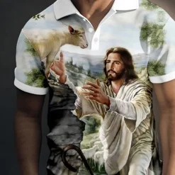 Outlet OUKU Men's Jesus Christian Polo Shirts Golf Shirt Short Sleeve Polo Shirts Collared Shirts Vintage Casual Vacation Wear Festival Wear Party Outfits Buttons 3D Print Yellow Blue Green
