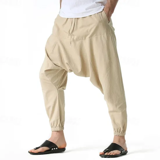 Outlet OUKU Men's Joggers Cotton Pants Trousers Beach Pants Harem Pants Pocket Drawstring Elastic Waist Plain Comfort Breathable Vacation Daily Holiday Hawaiian Boho ArmyGreen Black