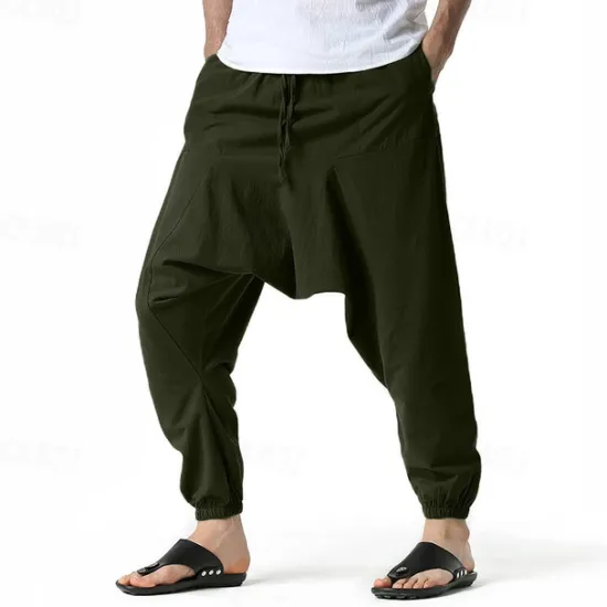 Outlet OUKU Men's Joggers Cotton Pants Trousers Beach Pants Harem Pants Pocket Drawstring Elastic Waist Plain Comfort Breathable Vacation Daily Holiday Hawaiian Boho ArmyGreen Black