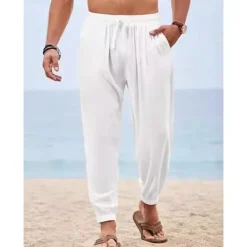 Discount OUKU Men's Joggers Linen Pants Trousers Summer Pants Beach Pants Drawstring Elastic Waist Plain Comfort Breathable Full Length Outdoor Daily Holiday Vacation Fashion Black White
