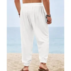 Discount OUKU Men's Joggers Linen Pants Trousers Summer Pants Beach Pants Drawstring Elastic Waist Plain Comfort Breathable Full Length Outdoor Daily Holiday Vacation Fashion Black White