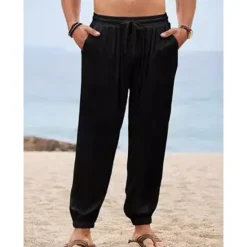 Discount OUKU Men's Joggers Linen Pants Trousers Summer Pants Beach Pants Drawstring Elastic Waist Plain Comfort Breathable Full Length Outdoor Daily Holiday Vacation Fashion Black White