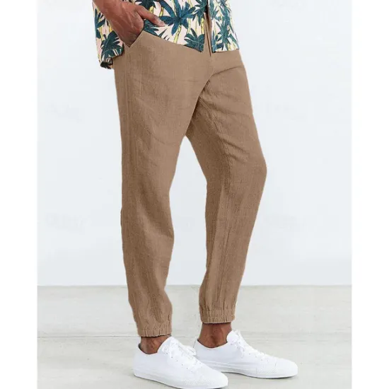 Clearance OUKU Men's Joggers Linen Pants Trousers Summer Pants Casual Pants Pocket Drawstring Elastic Waist Plain Comfort Breathable Home Daily Holiday Basic Casual Black White Inelastic