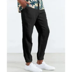 Clearance OUKU Men's Joggers Linen Pants Trousers Summer Pants Casual Pants Pocket Drawstring Elastic Waist Plain Comfort Breathable Home Daily Holiday Basic Casual Black White Inelastic