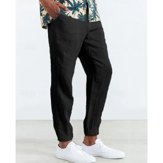 Clearance OUKU Men's Joggers Linen Pants Trousers Summer Pants Casual Pants Pocket Drawstring Elastic Waist Plain Comfort Breathable Home Daily Holiday Basic Casual Black White Inelastic