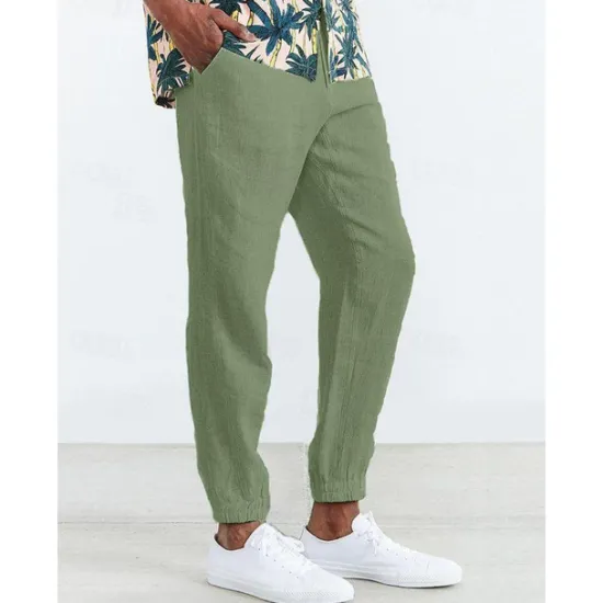 Clearance OUKU Men's Joggers Linen Pants Trousers Summer Pants Casual Pants Pocket Drawstring Elastic Waist Plain Comfort Breathable Home Daily Holiday Basic Casual Black White Inelastic