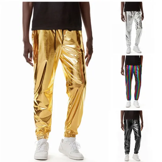 OUKU Men's Joggers Trousers Casual Pants Sequin Pants Drawstring Elastic Waist Shiny Metallic Solid Color Full Length Club Nightclub Disco Lights Casual Trousers Loose Fit Silver Black Micro-elastic