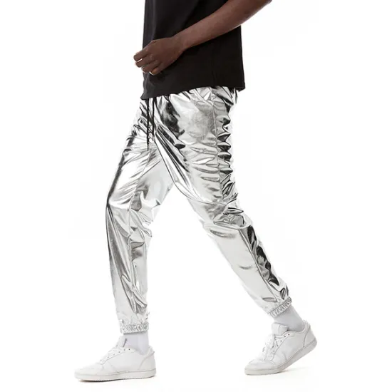 OUKU Men's Joggers Trousers Casual Pants Sequin Pants Drawstring Elastic Waist Shiny Metallic Solid Color Full Length Club Nightclub Disco Lights Casual Trousers Loose Fit Silver Black Micro-elastic