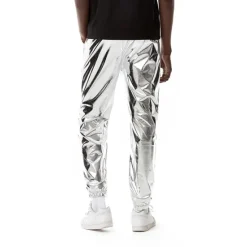 OUKU Men's Joggers Trousers Casual Pants Sequin Pants Drawstring Elastic Waist Shiny Metallic Solid Color Full Length Club Nightclub Disco Lights Casual Trousers Loose Fit Silver Black Micro-elastic