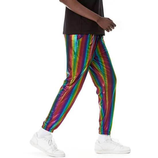OUKU Men's Joggers Trousers Casual Pants Sequin Pants Drawstring Elastic Waist Shiny Metallic Solid Color Full Length Club Nightclub Disco Lights Casual Trousers Loose Fit Silver Black Micro-elastic