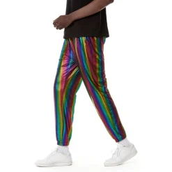 OUKU Men's Joggers Trousers Casual Pants Sequin Pants Drawstring Elastic Waist Shiny Metallic Solid Color Full Length Club Nightclub Disco Lights Casual Trousers Loose Fit Silver Black Micro-elastic