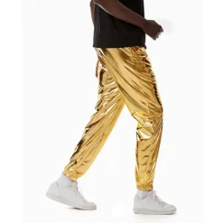 OUKU Men's Joggers Trousers Casual Pants Sequin Pants Drawstring Elastic Waist Shiny Metallic Solid Color Full Length Club Nightclub Disco Lights Casual Trousers Loose Fit Silver Black Micro-elastic