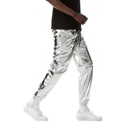 OUKU Men's Joggers Trousers Casual Pants Sequin Pants Drawstring Elastic Waist Shiny Metallic Solid Color Full Length Club Nightclub Disco Lights Casual Trousers Loose Fit Silver Black Micro-elastic