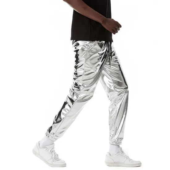 OUKU Men's Joggers Trousers Casual Pants Sequin Pants Drawstring Elastic Waist Shiny Metallic Solid Color Full Length Club Nightclub Disco Lights Casual Trousers Loose Fit Silver Black Micro-elastic
