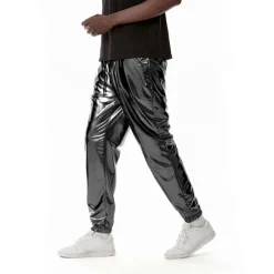 Hot OUKU Men's Joggers Trousers Casual Pants Sequin Pants Drawstring Elastic Waist Shiny Metallic Solid Color Full Length Club Nightclub Disco Lights Casual Trousers Loose Fit Silver Black Micro-elastic