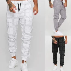 Outlet OUKU Men's Joggers Trousers Casual Pants Plaid Drawstring Trousers Elastic Waist Print Plaid Geometry Outdoor Sports Full Length Formal Sports Outdoor Streetwear Casual Black White Micro-elastic