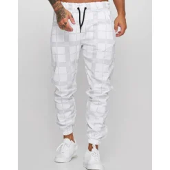 Outlet OUKU Men's Joggers Trousers Casual Pants Plaid Drawstring Trousers Elastic Waist Print Plaid Geometry Outdoor Sports Full Length Formal Sports Outdoor Streetwear Casual Black White Micro-elastic