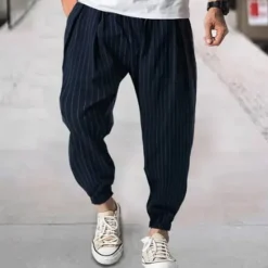 Hot OUKU Men's Joggers Trousers Casual Pants Pocket Drawstring Elastic Waist Striped Comfort Sports Outdoor Daily Fashion Casual Black Navy Blue Micro-elastic