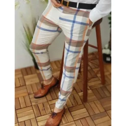 Best OUKU Men's Joggers Trousers Chinos Chino Pants Plaid Dress Pants Pocket Plaid Comfort Breathable Daily Holiday Going out Streetwear Stylish White & Blue Blue