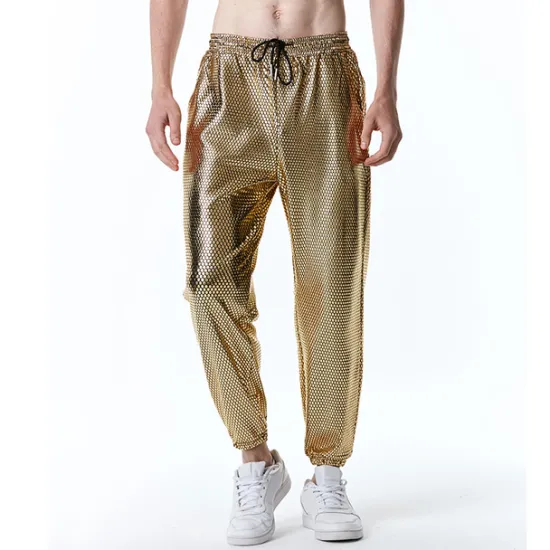 Clearance OUKU Men's Joggers Trousers Chinos Casual Pants Sequin Pants Drawstring Elastic Waist Shiny Metallic Solid Color Nightclub Disco Lights Casual Hip Hop Silver Black